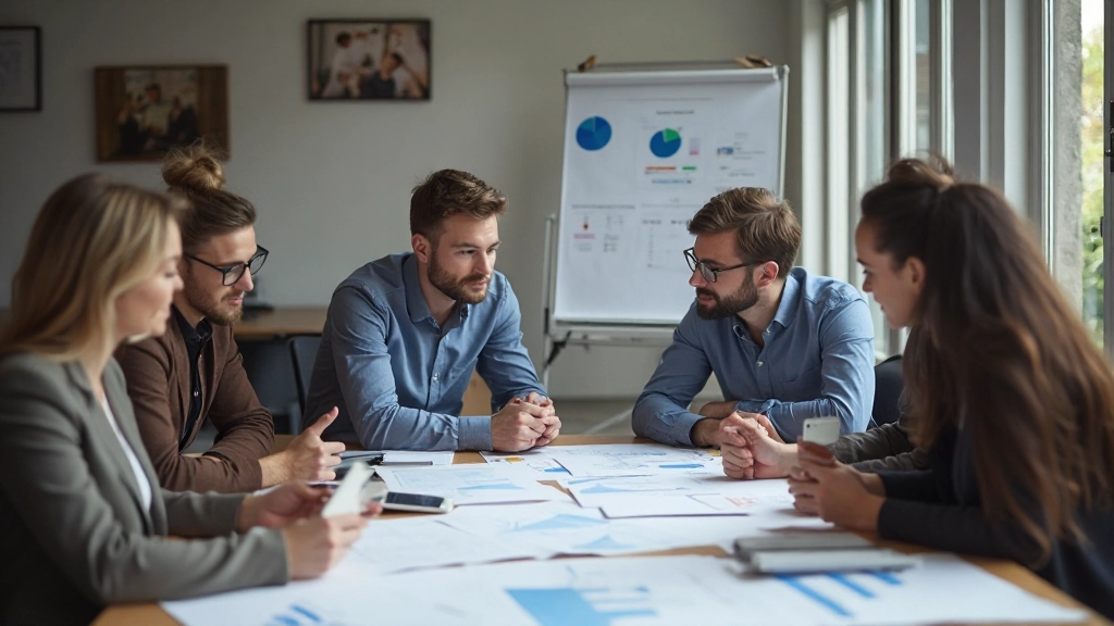 Zakenmensen zitten rond tafel met jaarplannen en grafische visualisaties voor langetermijnvisie