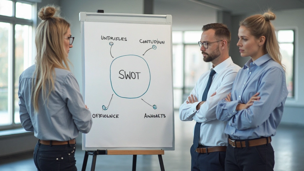Strategieteam werkt samen aan een SWOT-analyse met notities op een groot whiteboard in een moderne kantoor omgeving