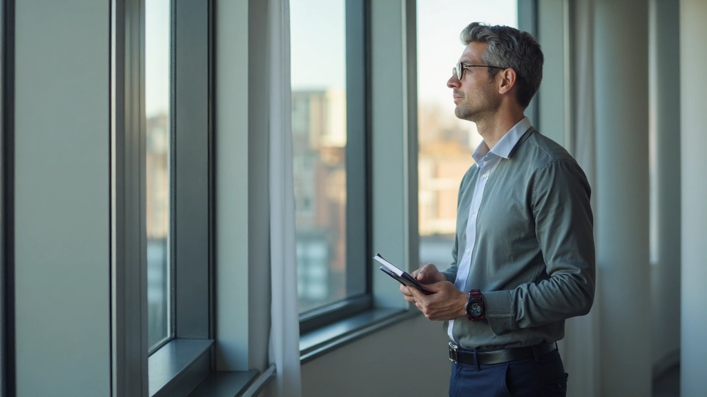 Zakenman kijkt naar horizon met notitieblok, denkt na over toekomstvisie en groeiplannen