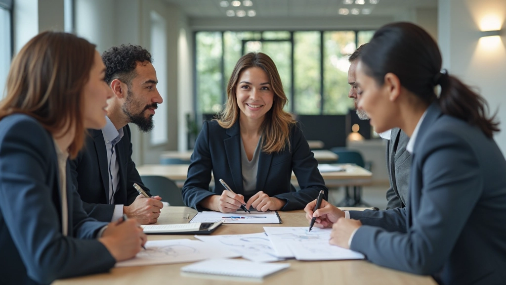 Team van professionals zit rond tafel met strategische plannen en grafieken, werkt samen aan langetermijnvisie