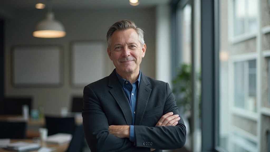 Zakenman kijkt zelfverzekerd uit raam, armen gekruist, denkt na over toekomst en groei