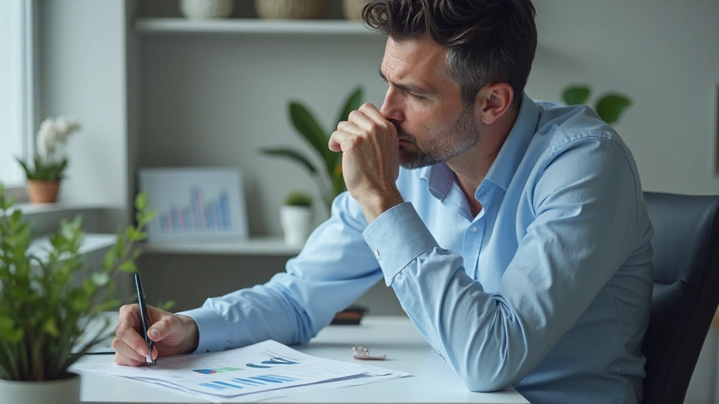 Zakenman analyseert uitdagingen en verbeterpunten op een dashboard met grafieken en gegevens in kantooromgeving