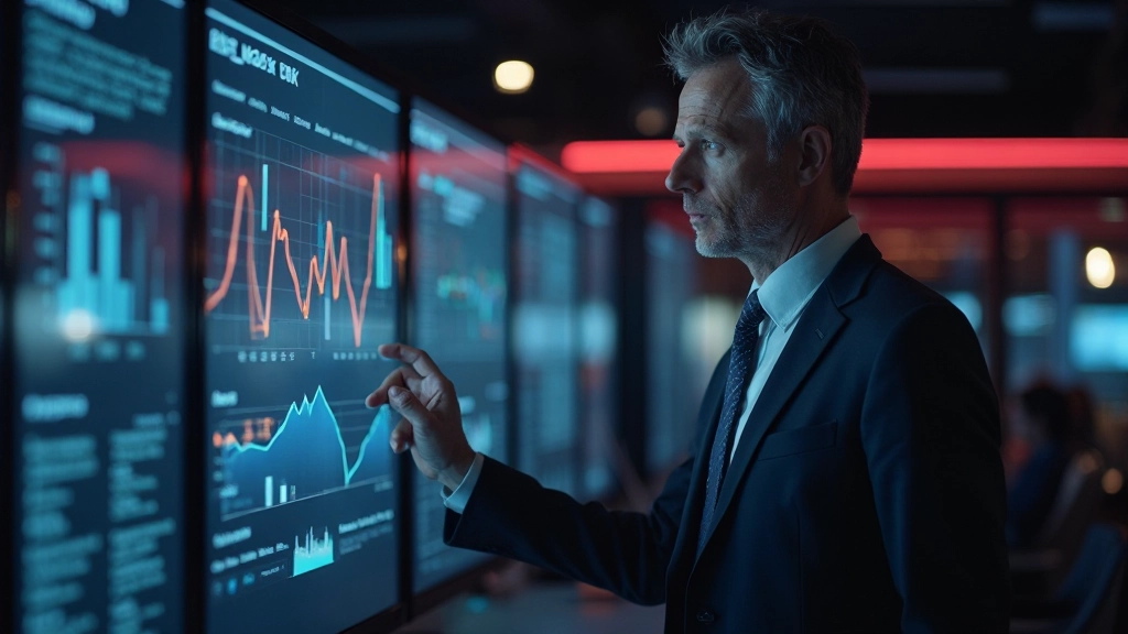 Bedrijfsleider analyseert marktrisico's en uitdagingen op een groot display met data visualisaties en waarschuwingsindicatoren