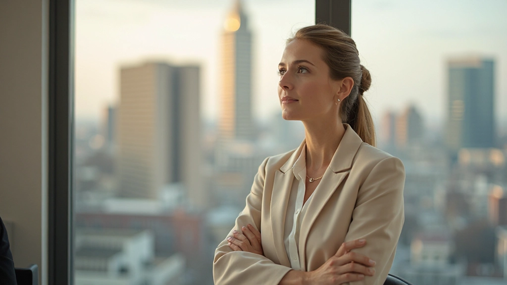 Zakenvrouw kijkt naar toekomstmogelijkheden met optimisme, omgeven door marktanalyses en groeigrafieken